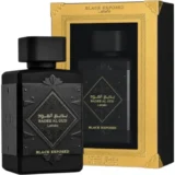 Lattafa Bade'e Al Oud Black Exposed 100ml frasco con caja perfume árabe unisex ambarado incienso toffee cacao vainilla