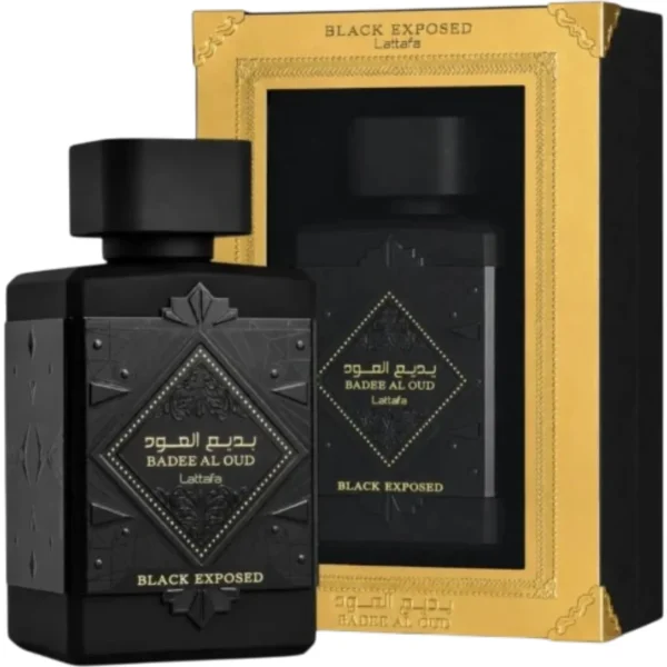 Lattafa Bade'e Al Oud Black Exposed 100ml frasco con caja perfume árabe unisex ambarado incienso toffee cacao vainilla