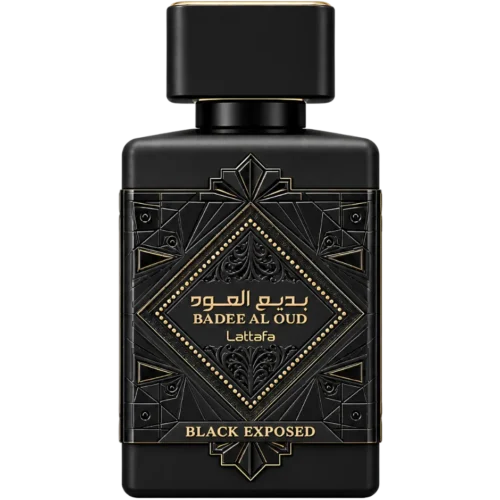 Lattafa Bade'e Al Oud Black Exposed 100ml - Frasco Perfume Lattafa Bade'e Al Oud Black Exposed 100ml frasco árabe unisex ambarado avainillado incienso toffee cacao vainilla