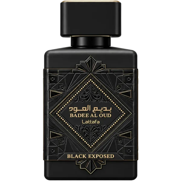Perfume Lattafa Bade'e Al Oud Black Exposed 100ml frasco árabe unisex ambarado avainillado incienso toffee cacao vainilla