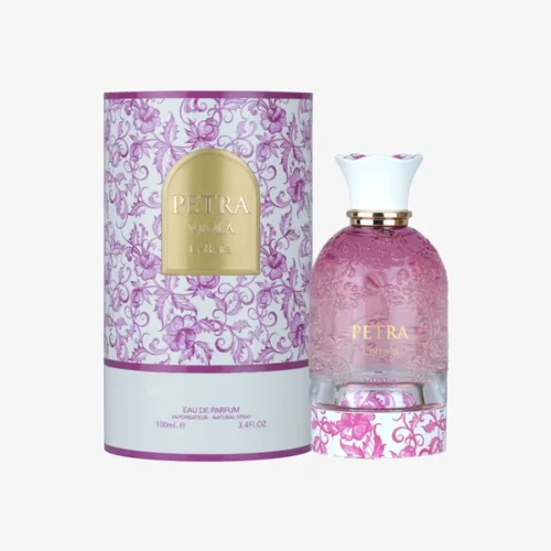 Lattafa Petra Viola 100ml - Frasco y caja Lattafa Petra Viola 100ml frasco con caja perfume árabe mujer floral frutal gourmand frambuesa violeta sándalo cedro
