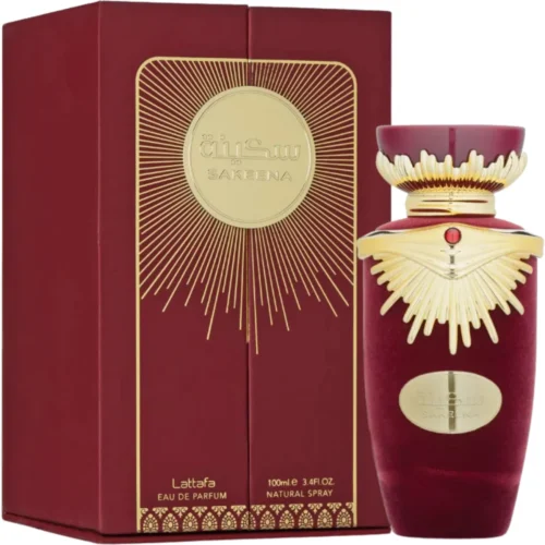 Lattafa Sakeena 100ml - Frasco y caja Lattafa Sakeena 100ml frasco con caja perfume árabe mujer floral frutal gourmand maracuyá frambuesa praliné vainilla