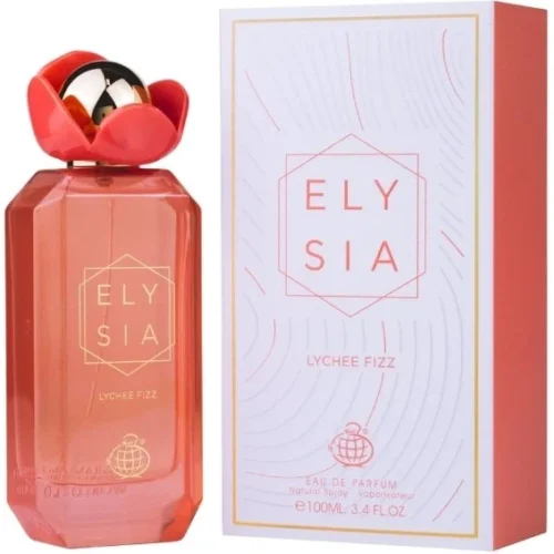 Elysia Lychee Fizz 100ml - Frasco y caja Fragrance World Elysia Lychee Fizz 100ml frasco con caja perfume árabe mujer floral frutal lichi violeta vainilla