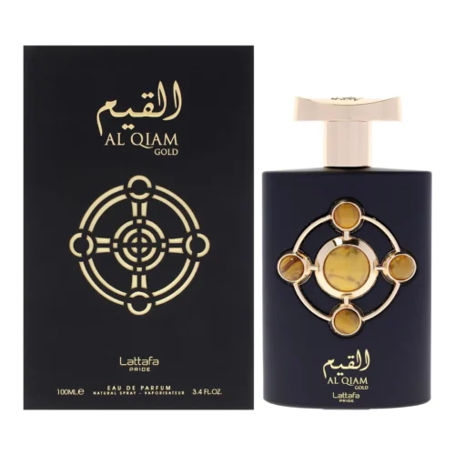Lattafa Pride Al Qiam Gold 100ml - Frasco y caja Lattafa Pride Al Qiam Gold 100ml frasco con caja perfume árabe unisex ambarado amaderado frambuesa cuero oud