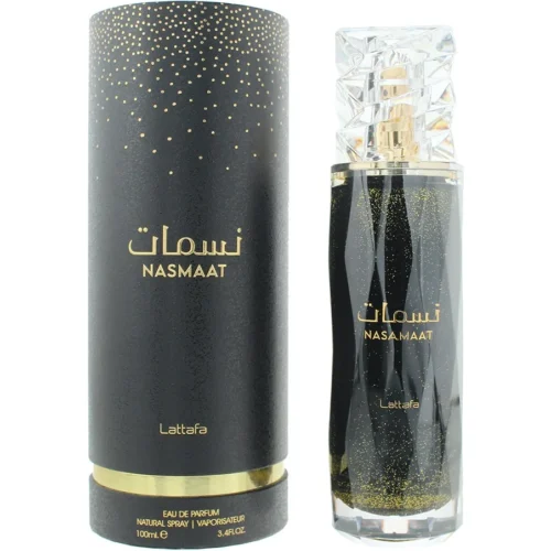 Lattafa Nasmaat 100ml frasco con caja perfume árabe unisex frutal floral gourmand piña albaricoque caramelo vainilla