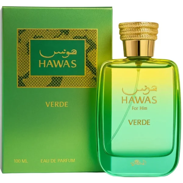 Rasasi Hawas Verde 100ml frasco con caja perfume árabe hombre cítrico aromático lima manzana verde romero ámbar