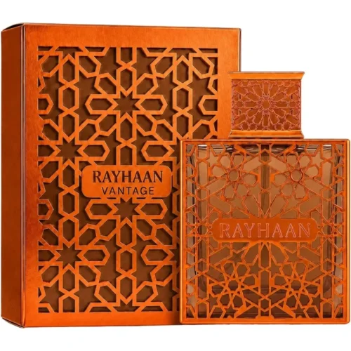 Rayhaan Vantage 100ml frasco con caja perfume árabe unisex amaderado especiado cardamomo incienso mirra cedro
